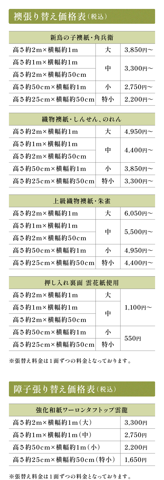 襖張り替え価格表(税込)
